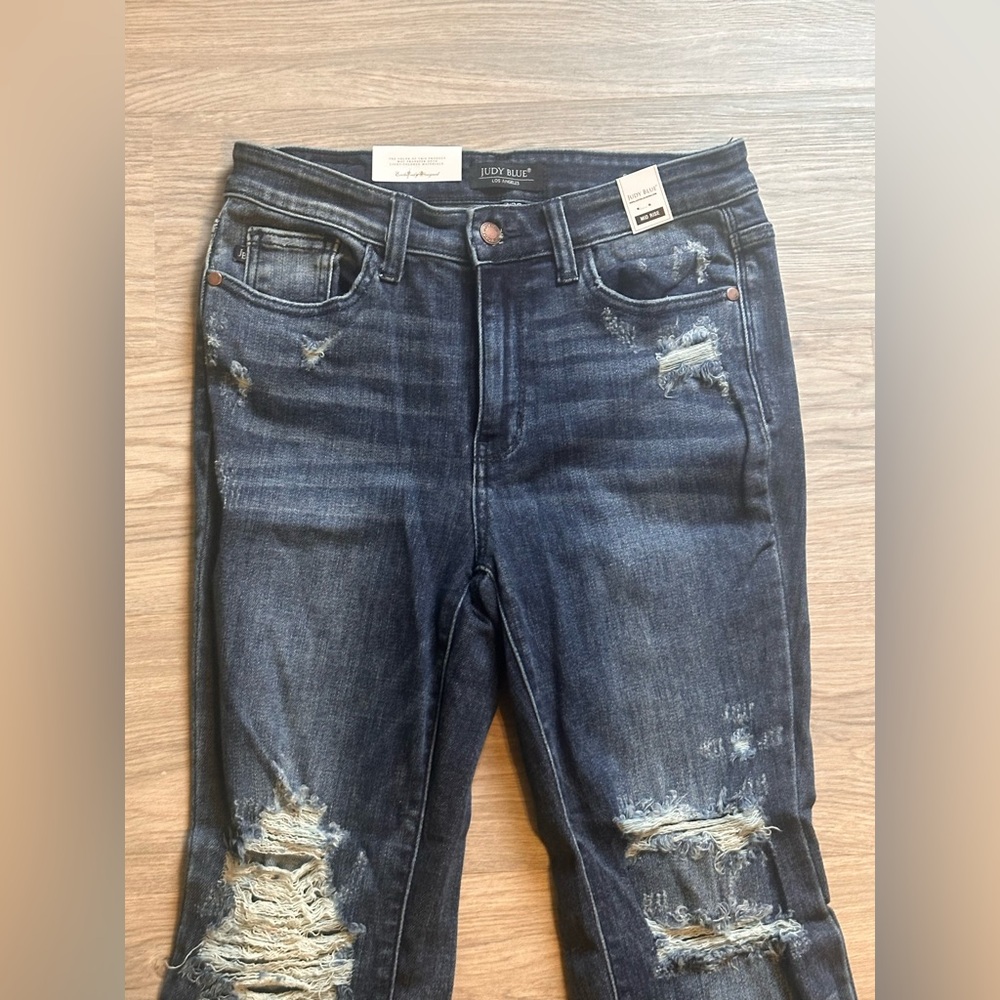 Judy Blue Dark Distressed Mid-Rise Slim Bootcut Jeans